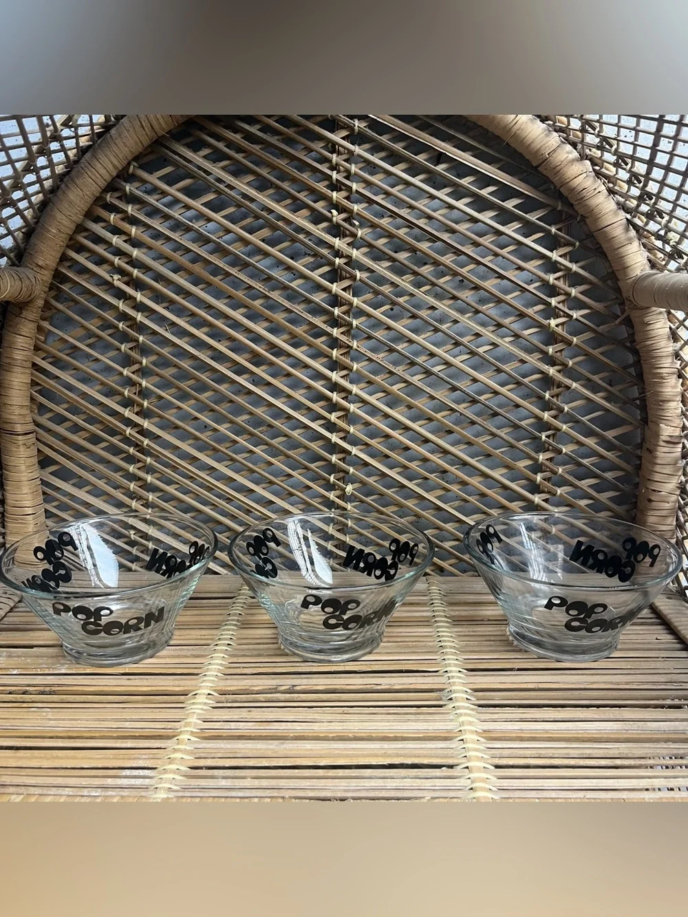 1970’s Wheaton Glass Popcorn Bowl Set 3 Piece Black Letters Vintage Small